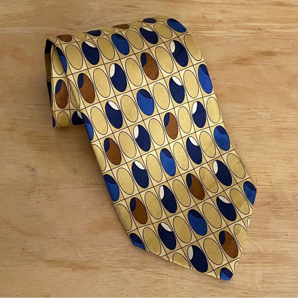 Jacobs Roberts Silk Tie with Repeating Oval Pattern in Gold, Blue & Brown Shades
